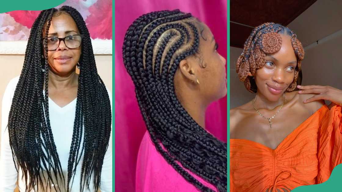 Box braids (L), cornrows (C), and Koroba braids (R) Box braids (L), cornrows (C), and Koroba braids (R)