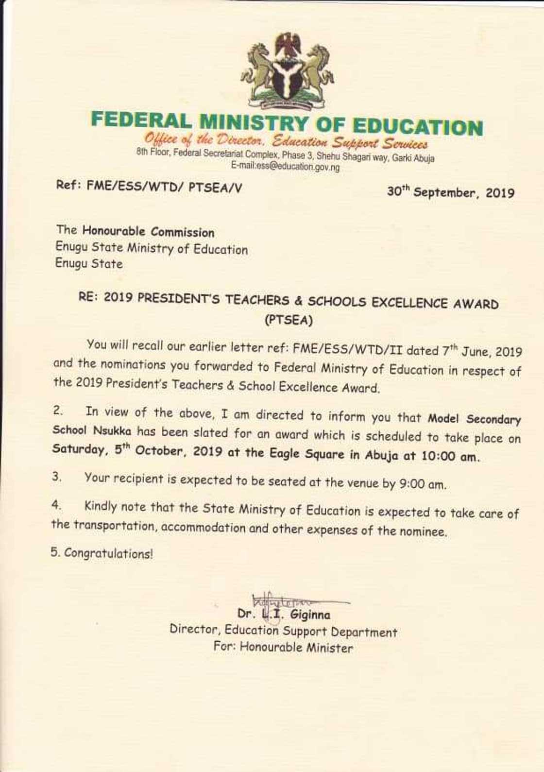 Model Secondary School Nsukka, emerges FG’s 2019 educational award winner Model Secondary School Nsukka, emerges FG’s 2019 educational award winner
