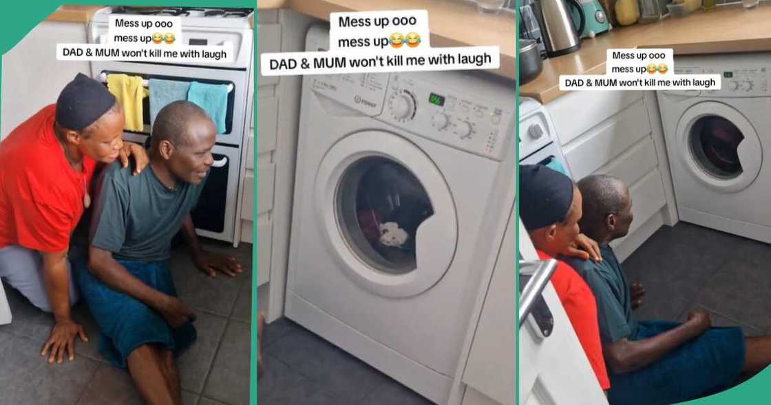 Man and his wife observing washing machine.