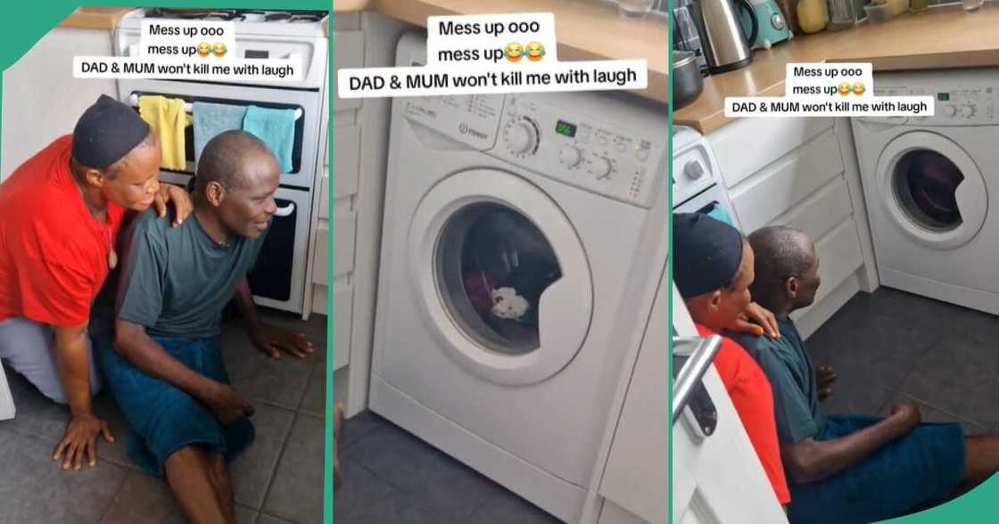 Man and his wife observing washing machine. Man and his wife observing washing machine.
