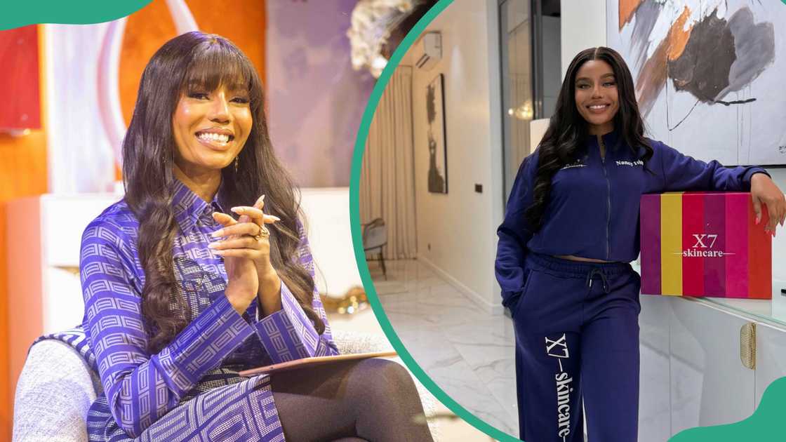 Nancy Isime hosts her show in a blue and white outfit, and she poses in branded navy blue sweats Nancy Isime hosts her show in a blue and white outfit, and she poses in branded navy blue sweats
