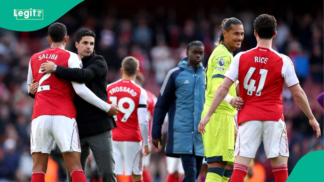 William Saliba, Mikel Arteta, Arsenal, West Ham United, Emirates Stadium, London, England. William Saliba, Mikel Arteta, Arsenal, West Ham United, Emirates Stadium, London, England.