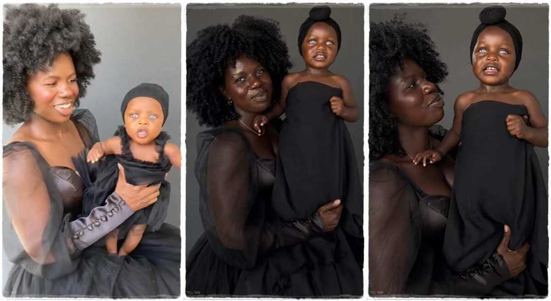 Photos of a mother and a her daughter who has blue eyes.