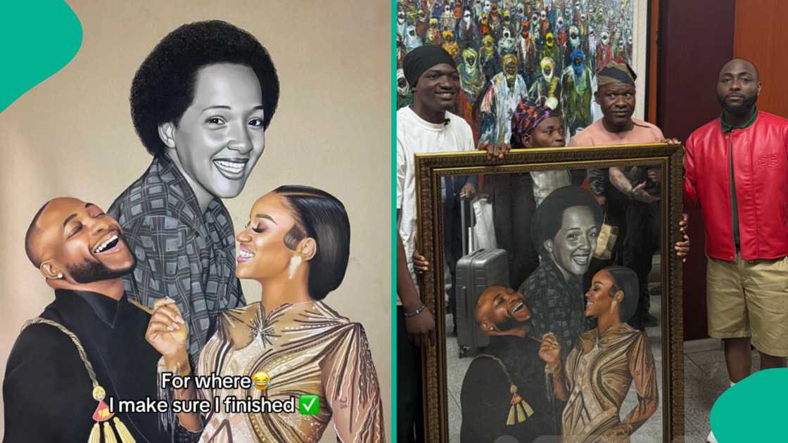 Davido appreciates artist's artwork during outdoor event, takes photos.