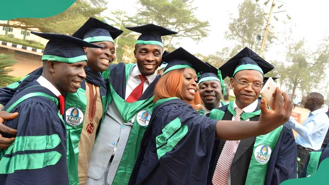 Crawford University students in graduation gowns. Crawford University students in graduation gowns.
