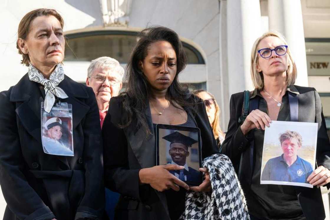 Catherine Berthet (L) and Naoise Ryan (R) join relatives of people killed in the Ethiopian Airlines Flight 302 Boeing 737 MAX crash at a press conference in Washington, DC, April 24, 2024