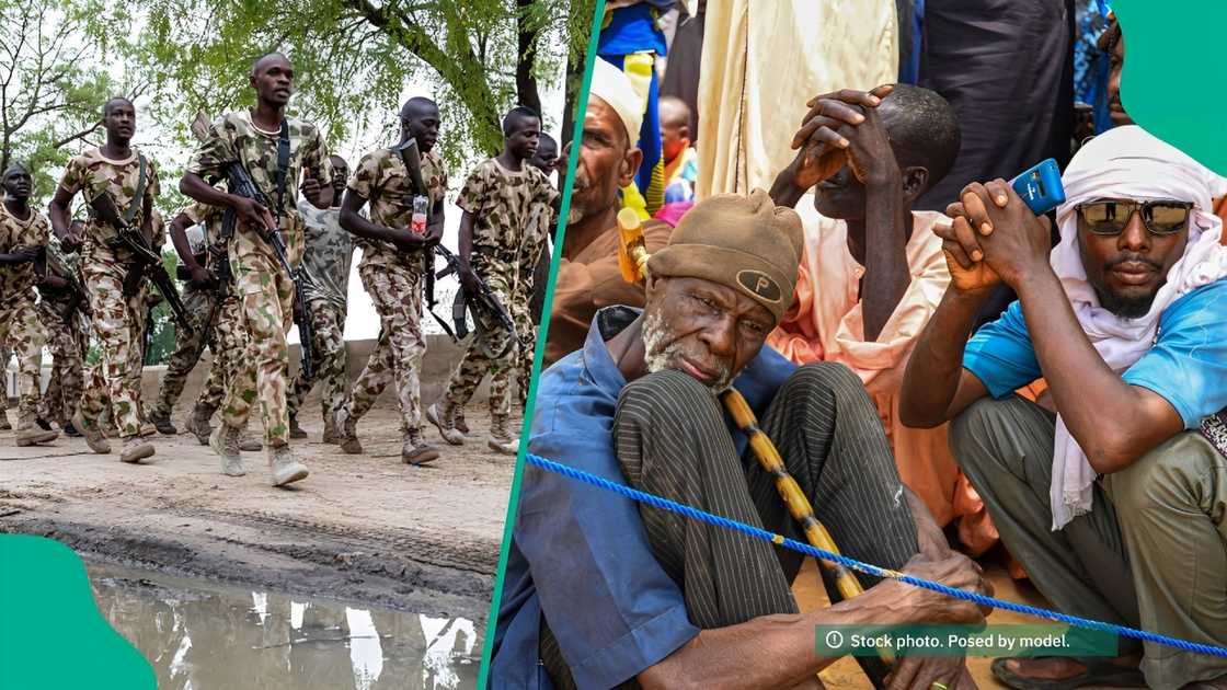 Nigerian villagers seated after release from bandit captivity Nigerian villagers seated after release from bandit captivity