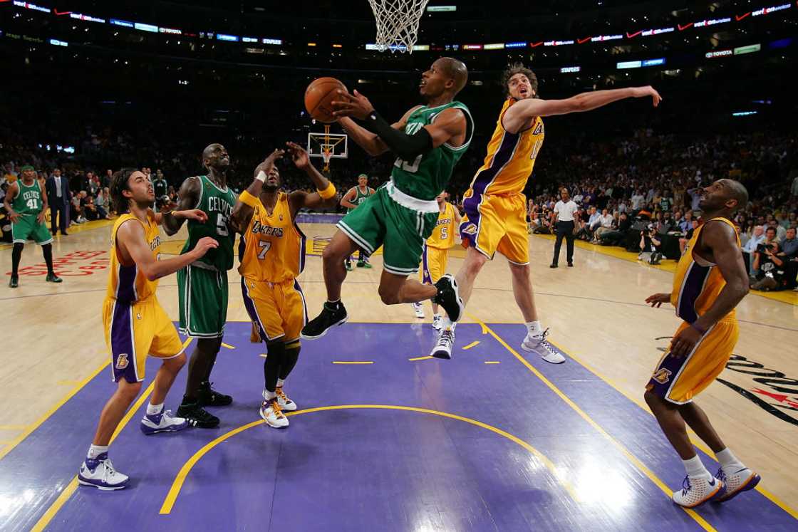 Ray Allen of the Boston Celtics goes up for a reverse against Pau Gasol of the Los Angeles Lakers at Staples Centre in Los Angeles, California Ray Allen of the Boston Celtics goes up for a reverse against Pau Gasol of the Los Angeles Lakers at Staples Centre in Los Angeles, California