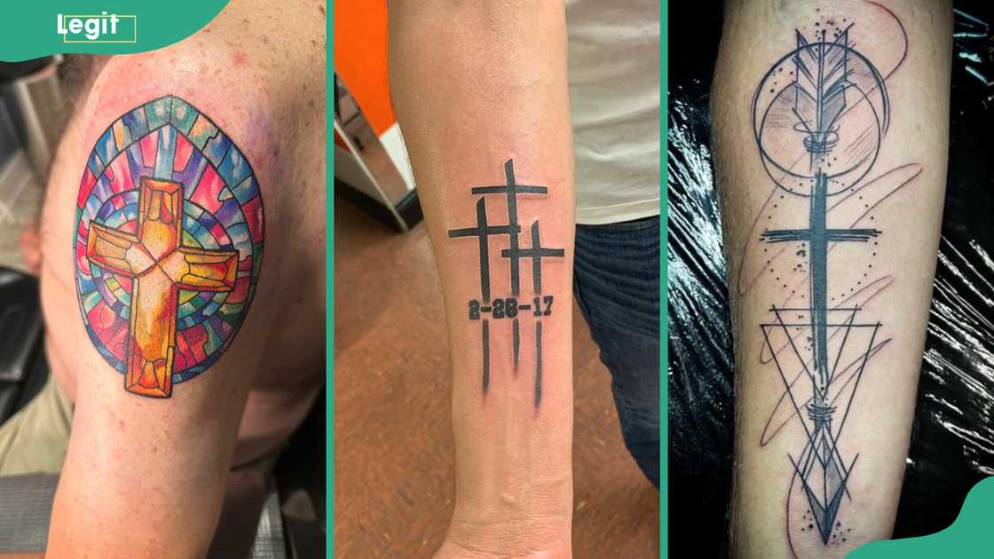 Stained glass cross (L), cross with a date (C), Arrow cross (L) tattoos. Stained glass cross (L), cross with a date (C), Arrow cross (L) tattoos.