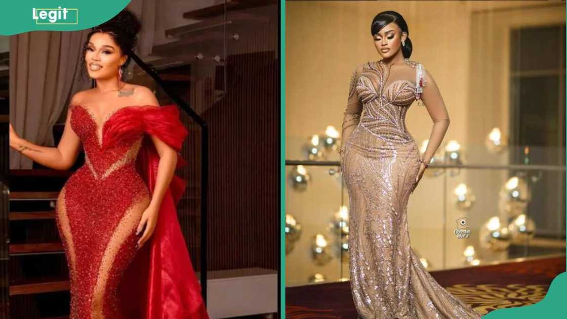 Women in coral sequence two-piece gowns Women in coral sequence two-piece gowns