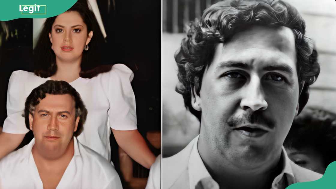 Alba Marina behind her late brother Pablo Escobar (L) and Pablo in front of a building (R)