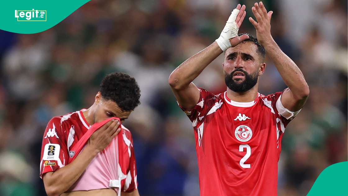 Tunisia's Elias Achouri and Ali Abdi react after the team's 1-5 defeat to Sweden in the FIFA World Cup 2026. Photo by Luke Hales Tunisia's Elias Achouri and Ali Abdi react after the team's 1-5 defeat to Sweden in the FIFA World Cup 2026. Photo by Luke Hales