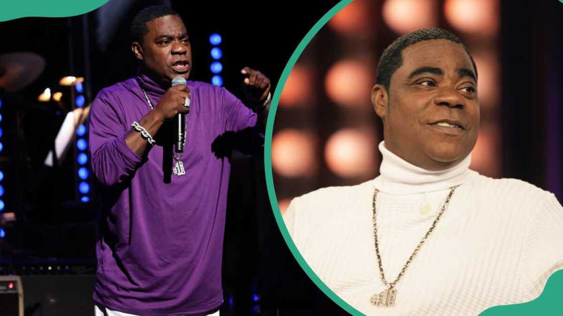 Tracy Morgan performing on stage and speaking during an interview. Tracy Morgan performing on stage and speaking during an interview.