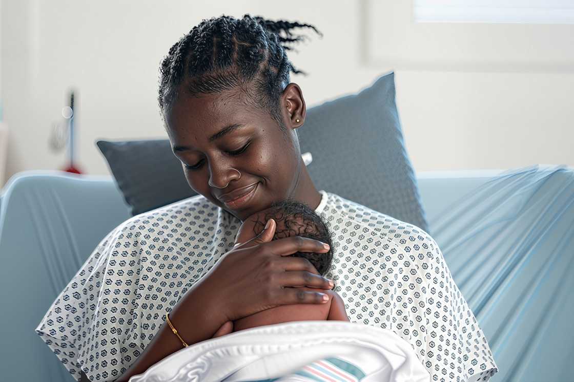 A loving black mother cradles her newborn