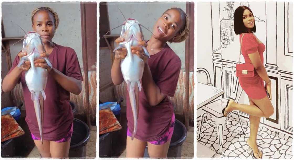 Photos of a lady holding a big catfish.