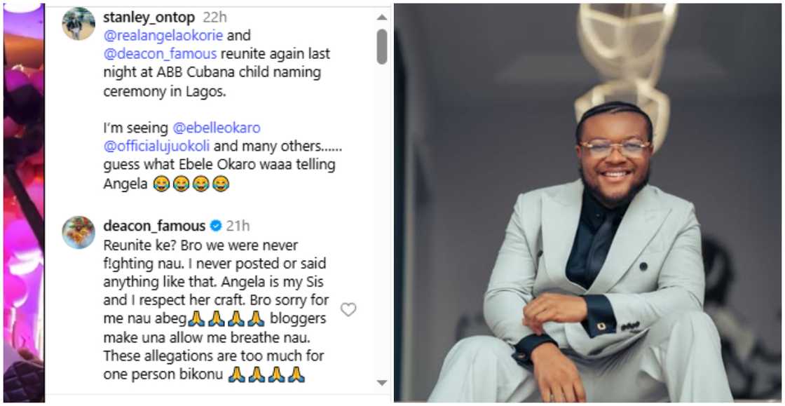 Deacon Famous reacts to rumours of fighting senior colleague Angela Okorie