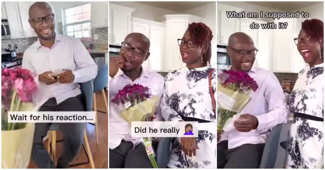 Man chews flowers wife got him, wife gifts hubby flowers, romantic couple Man chews flowers wife got him, wife gifts hubby flowers, romantic couple