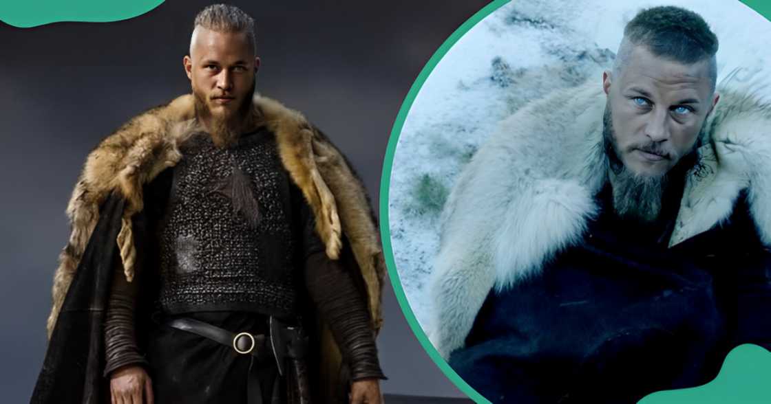 Travis Fimmel who plays Ragnar Lothbrok pictured standing and sitting.