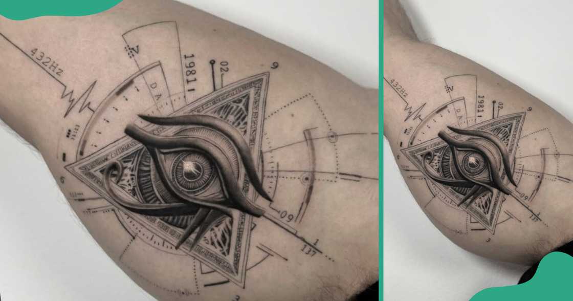 Numerology-inspired Eye of Horus tattoos on the inner bicep. Numerology-inspired Eye of Horus tattoos on the inner bicep.