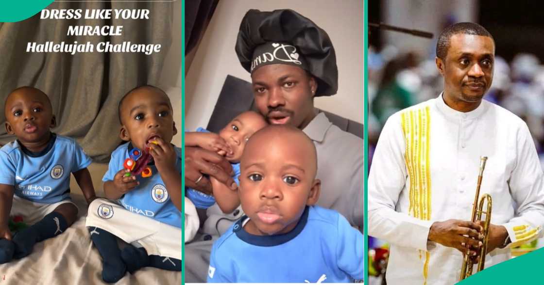 Twin boys wear Manchester City's jerseys for Hallelujah Challenge hosted by Nigerian gospel singer Nathaniel Bassey.