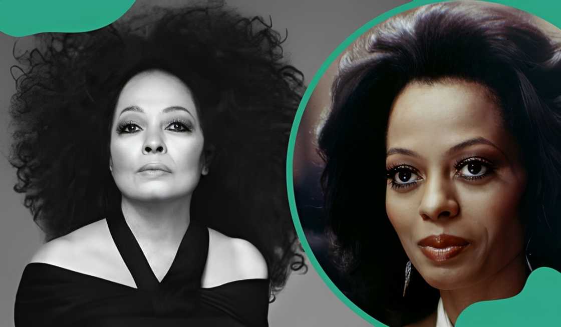 Diana Ross poses in a fashion shoot and in a movie still.