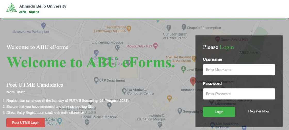 eForms portal. portal.abu.edu.ng