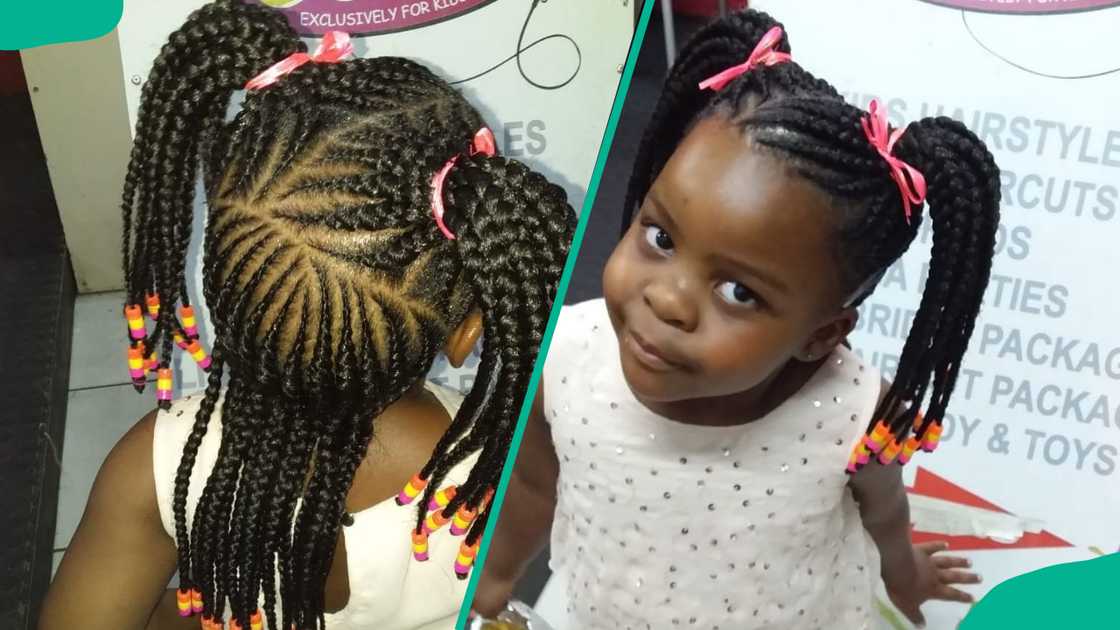 Cute and stylish cornrow pigtails and straight-back lines with beaded accessories and ribbons Cute and stylish cornrow pigtails and straight-back lines with beaded accessories and ribbons
