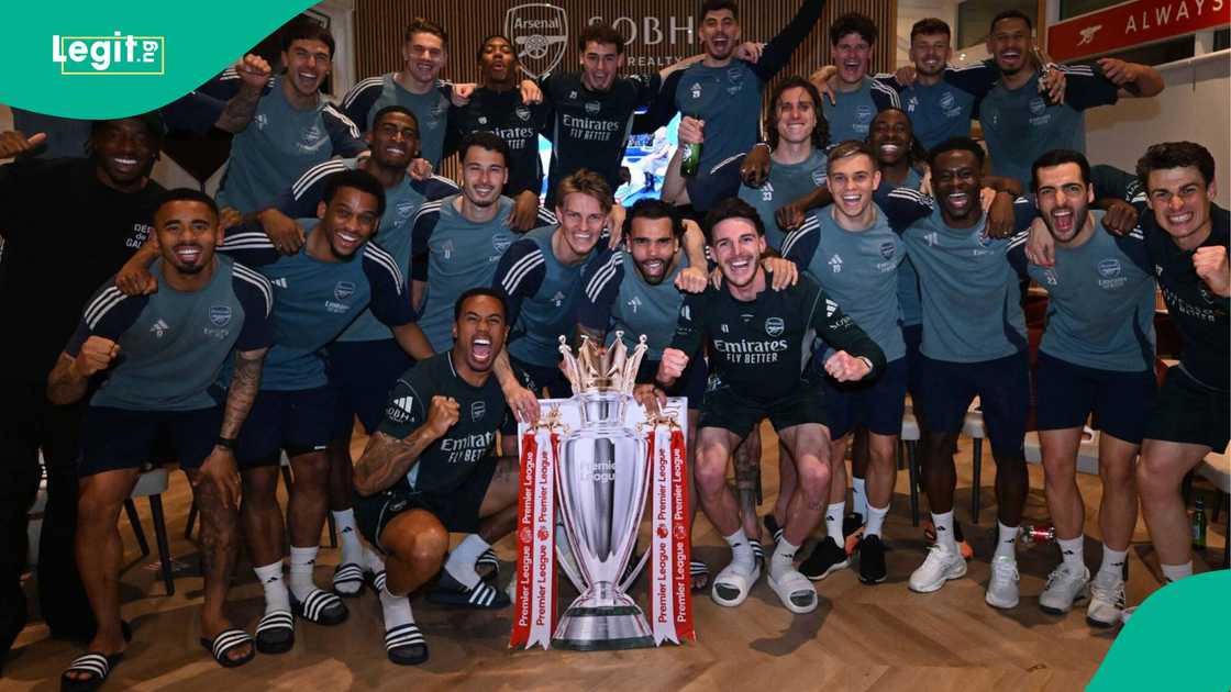 Arsenal players celebrating the EPL title win at the club's training centre. Credit: Arsenal Arsenal players celebrating the EPL title win at the club's training centre. Credit: Arsenal