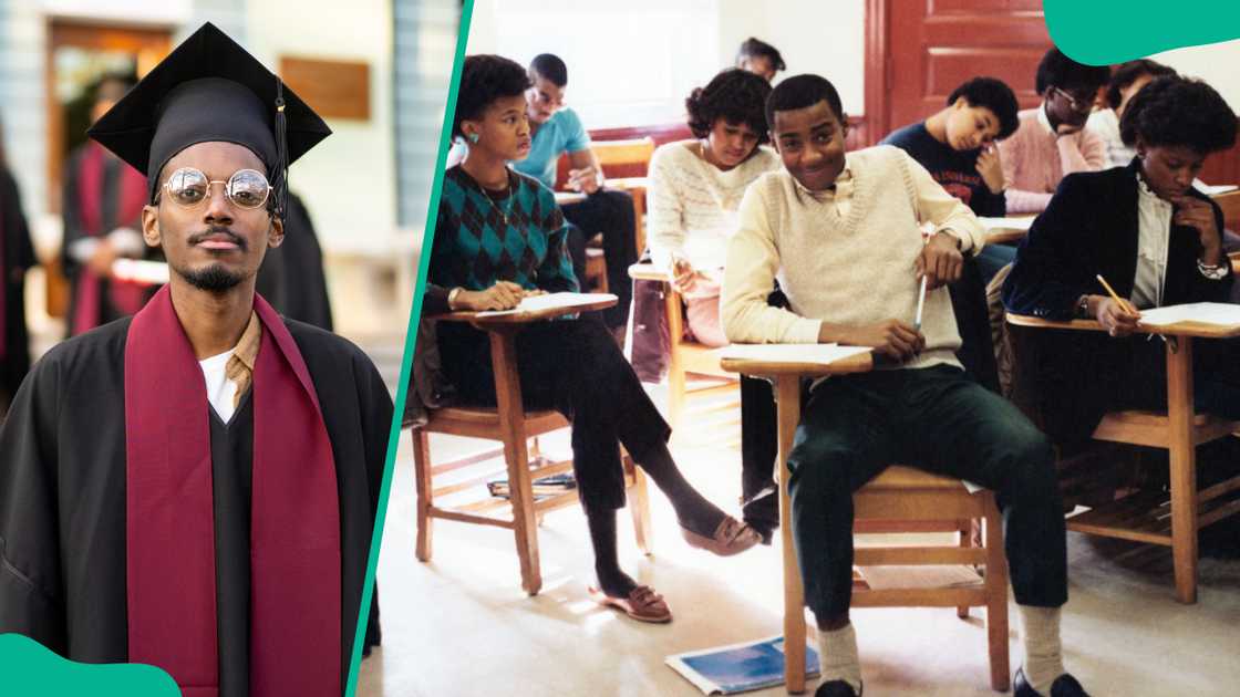 A male scholar standing holding his diploma (L). University students studying in a classroom (R)