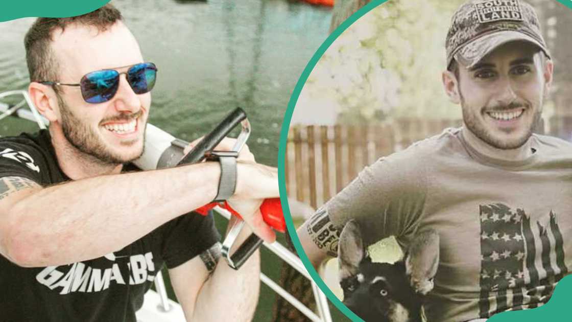 Patty Mayo wearing shades and seated with his dogs