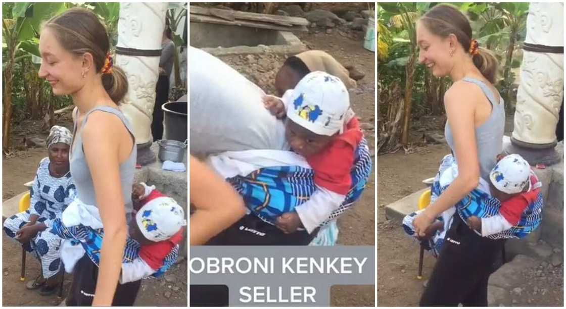 Photos of a White woman with a baby tied to her back. Photos of a White woman with a baby tied to her back.