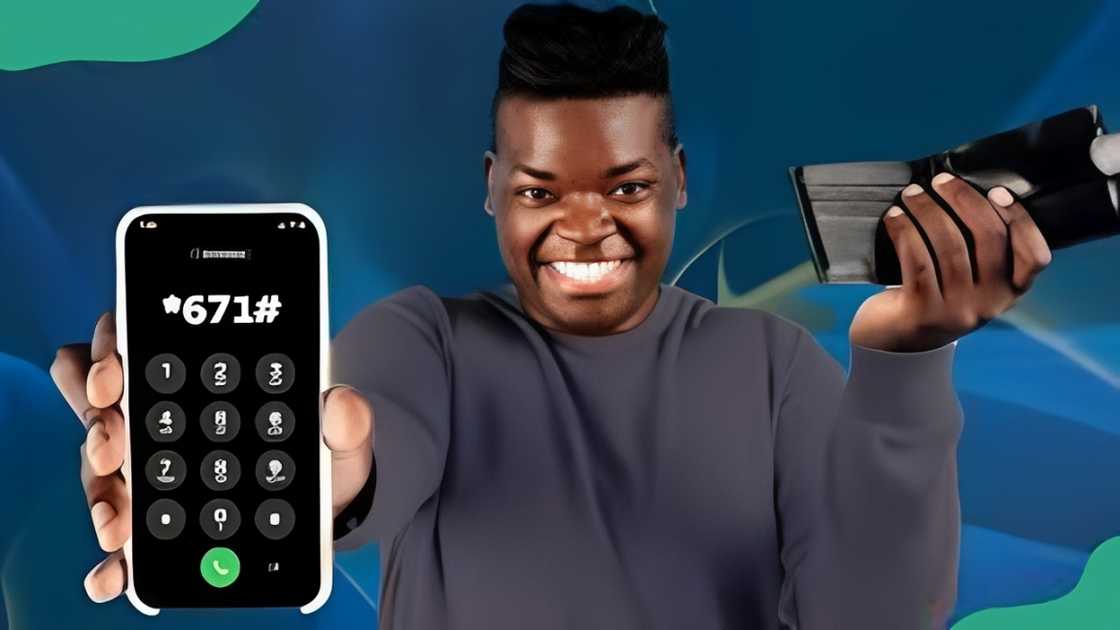 A young man displaying a smartphone showing the *671# USSD banking shortcode. A young man displaying a smartphone showing the *671# USSD banking shortcode.