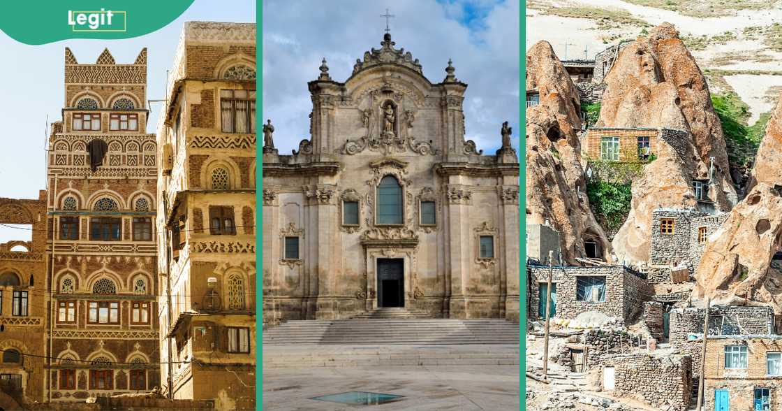 The Old City of Sanaa in Yemen (L), the Church of San Francesco d'Assisi in Sassi di Matera (C) and ancient troglodyte caves in Kandovan, Iran (R).