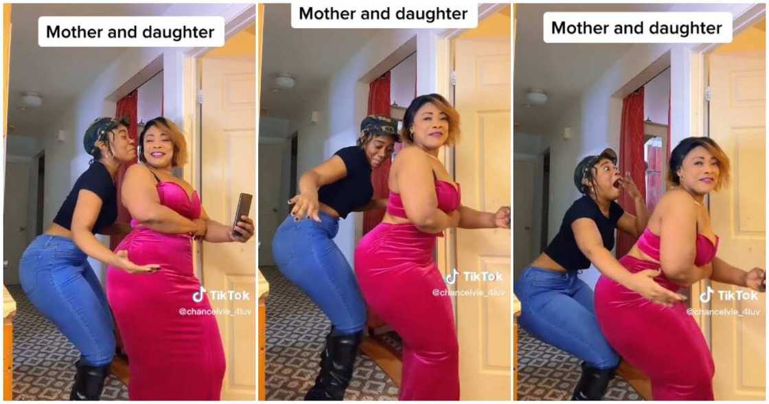 Curvy young-looking mum, daughter dancing