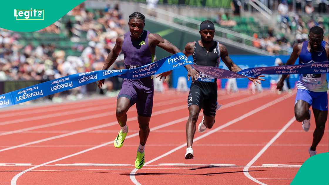 Kayinsola Ajayi of Nigeria wins the Men's 100m during the Prefontaine Classic, part of the 2026 Diamond League at Hayward Field. Photo by Ali Gradischer