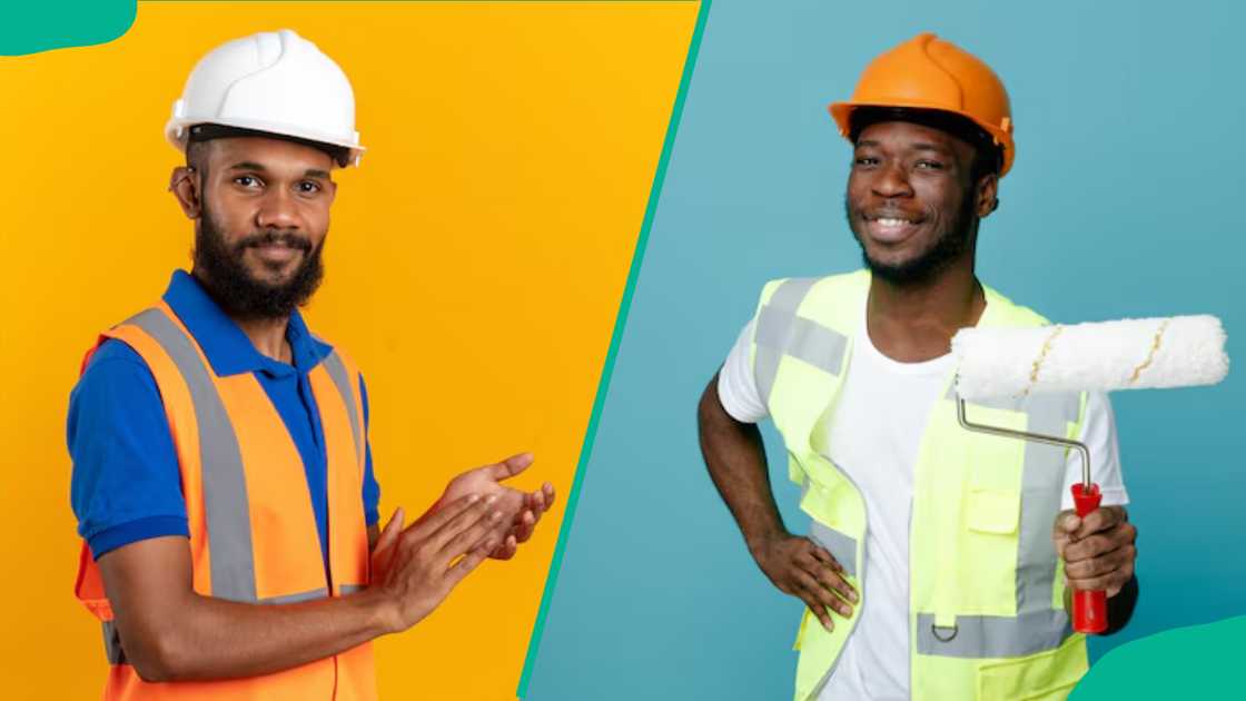 Workers irreflective jackets and helmets Workers irreflective jackets and helmets