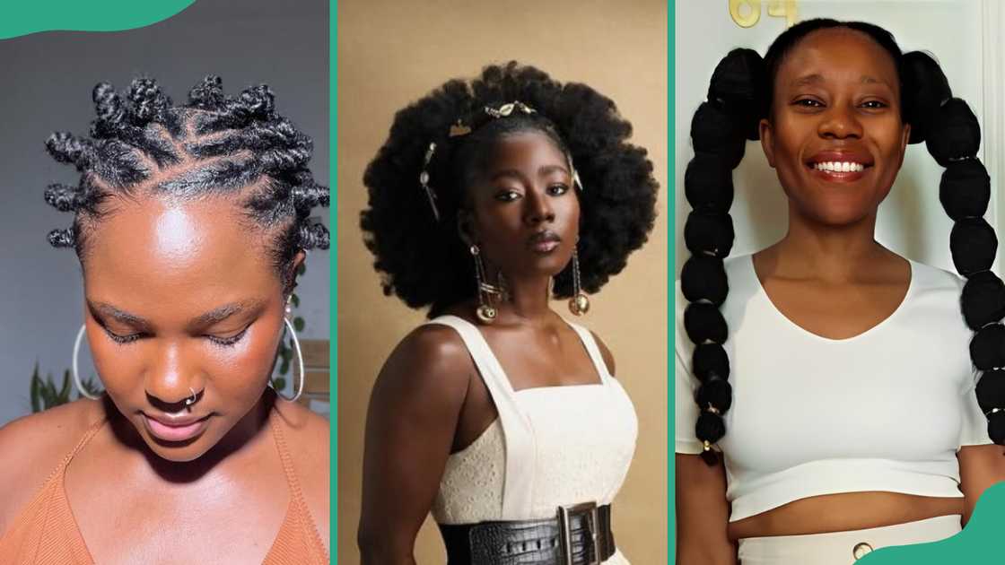 Bantu knots (L), Afro(C), and puffball tails (R) Bantu knots (L), Afro(C), and puffball tails (R)