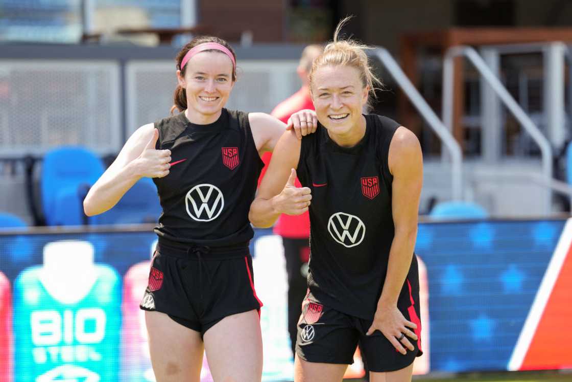 Emily Sonnett and Rose Lavelle mug for the camera during a training session at PayPal Park on July 08, 2023 in San Jose, California. (Photo by Brad Smith/USSF