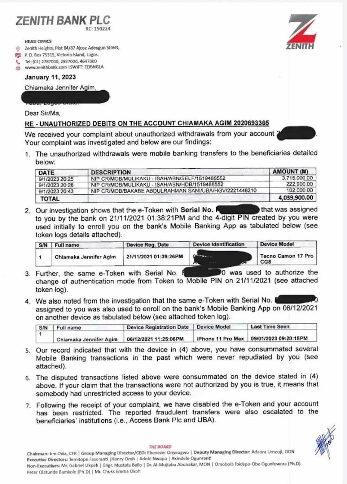 Zenith bank letter Zenith bank letter