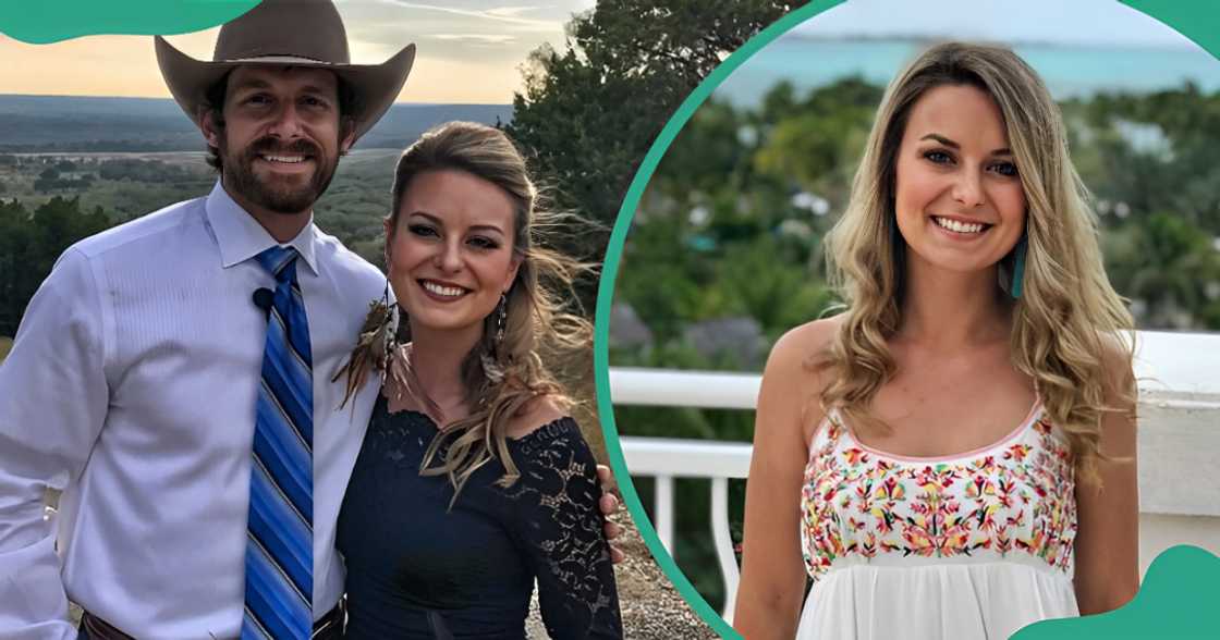 Dale Brisby poses with his wife, Macy Hopping (L). Macy poses, standing against a green background (R). Dale Brisby poses with his wife, Macy Hopping (L). Macy poses, standing against a green background (R).