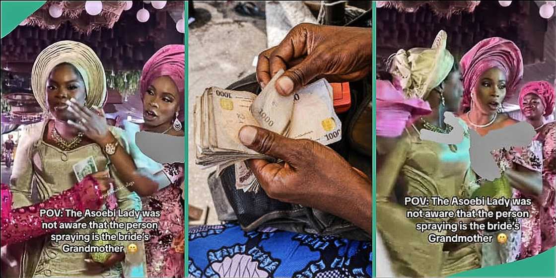 Bride reacts as asoebi lady stops woman from spraying money on her face Bride reacts as asoebi lady stops woman from spraying money on her face