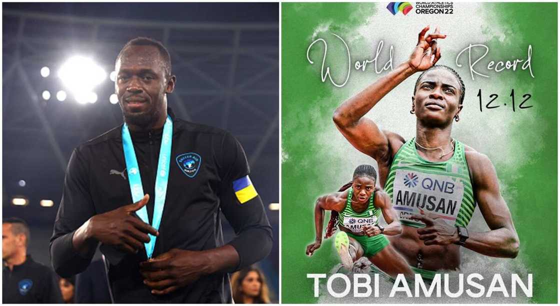 Jamaican sprinter, Usain Bolt and Nigeria's Tobi Amusan. Jamaican sprinter, Usain Bolt and Nigeria's Tobi Amusan.