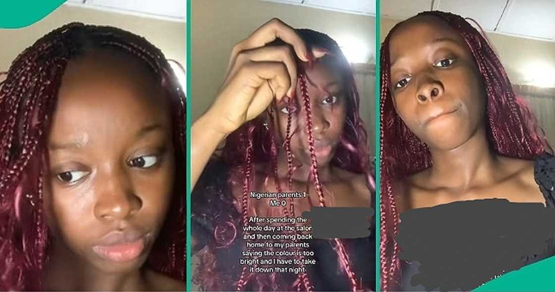 Lady takes down her burgundy-coloured braids after her parents complained. Lady takes down her burgundy-coloured braids after her parents complained.