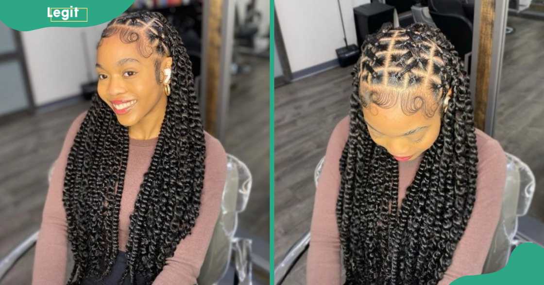 A woman displays her criss cross rubberband cornrows with passion twists.