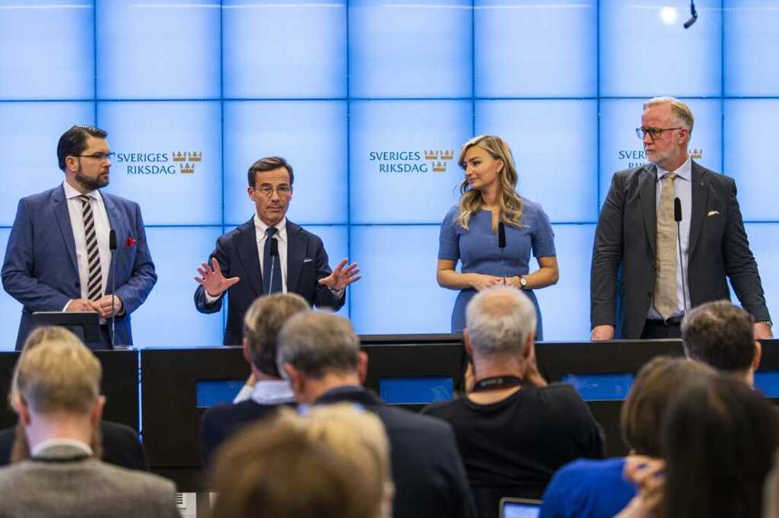 (L-R) Leader of the Sweden Democrats Jimmie Akesson, Leader of the Moderate party Ulf Kristersson, Leader of the Christian Democrats Ebba Busch and Leader of the Liberal party Johan Pehrson brief the media on the formation of a coalition government (L-R) Leader of the Sweden Democrats Jimmie Akesson, Leader of the Moderate party Ulf Kristersson, Leader of the Christian Democrats Ebba Busch and Leader of the Liberal party Johan Pehrson brief the media on the formation of a coalition government