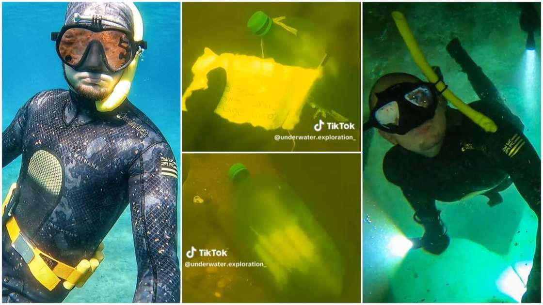 Locked bottle under sea/Man opened piece of paper. Locked bottle under sea/Man opened piece of paper.