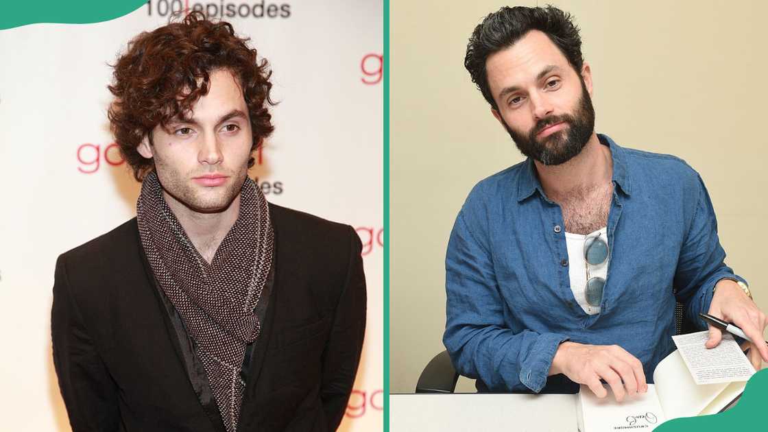 Penn Badgley posing for a photo and with a book