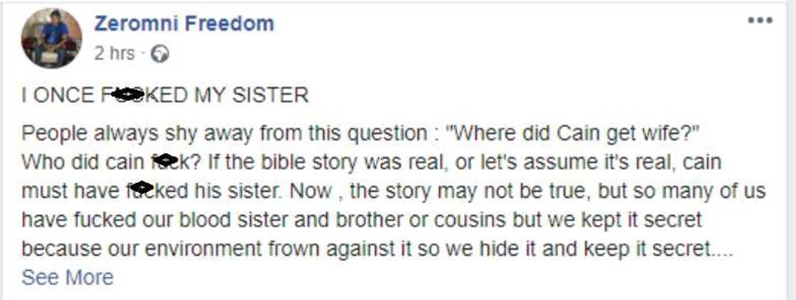 Na sadu da kanwa ta har sau 3, babu wani aibu a saduwa da 'yan uwan ka - Wani dan Najeriya Na sadu da kanwa ta har sau 3, babu wani aibu a saduwa da 'yan uwan ka - Wani dan Najeriya