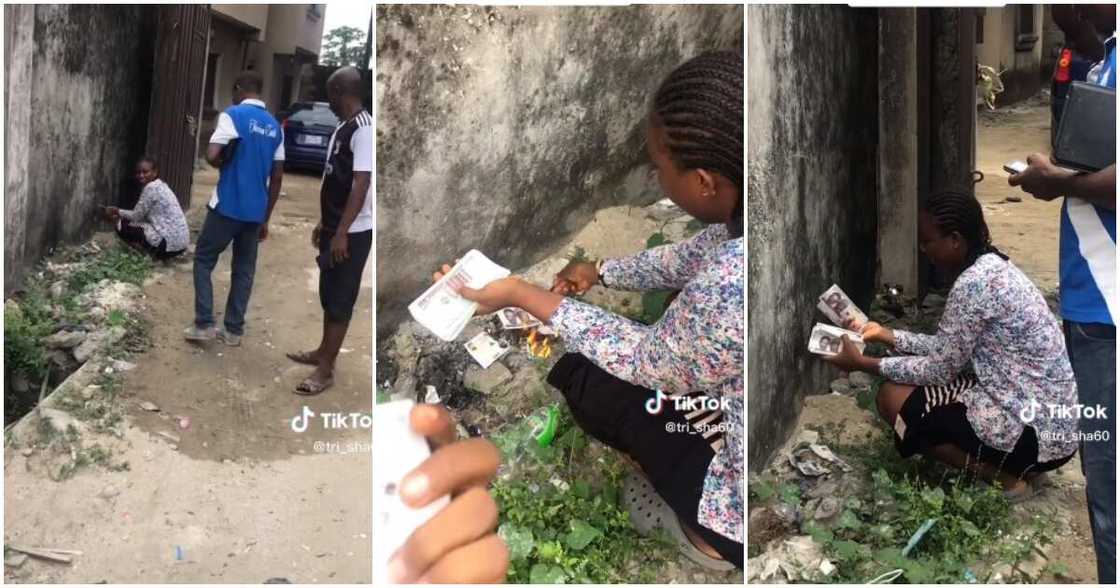 Counterfeit notes, lady burns N1k notes Counterfeit notes, lady burns N1k notes