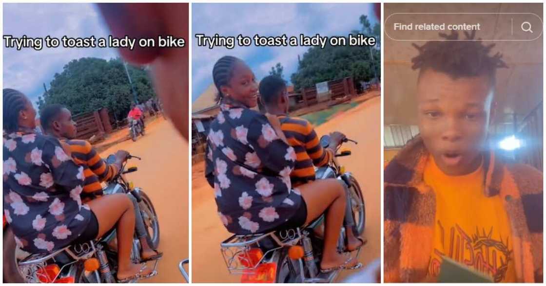 Man on bike, lady on another bike, toasts Man on bike, lady on another bike, toasts